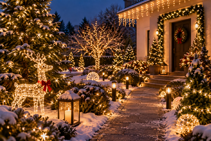 ALT : Jardin enneigé décoré de lumières de Noël chaleureuses