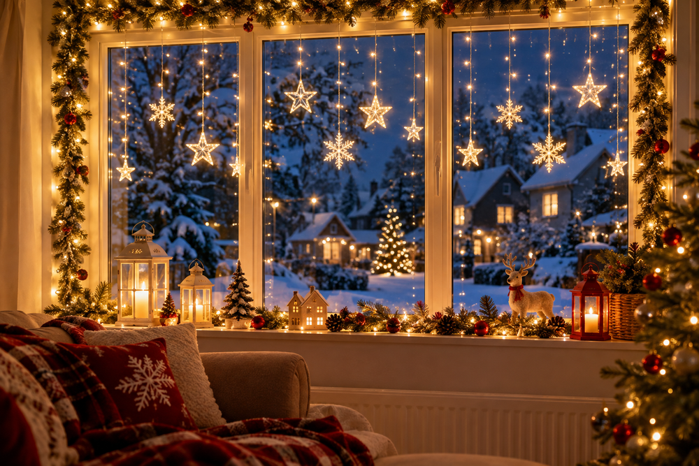 écorer ses fenêtres pour Noël avec des lumières