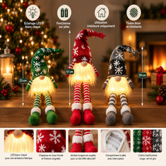 3 lutins de Noël lumineux avec dimensions et détails techniques
