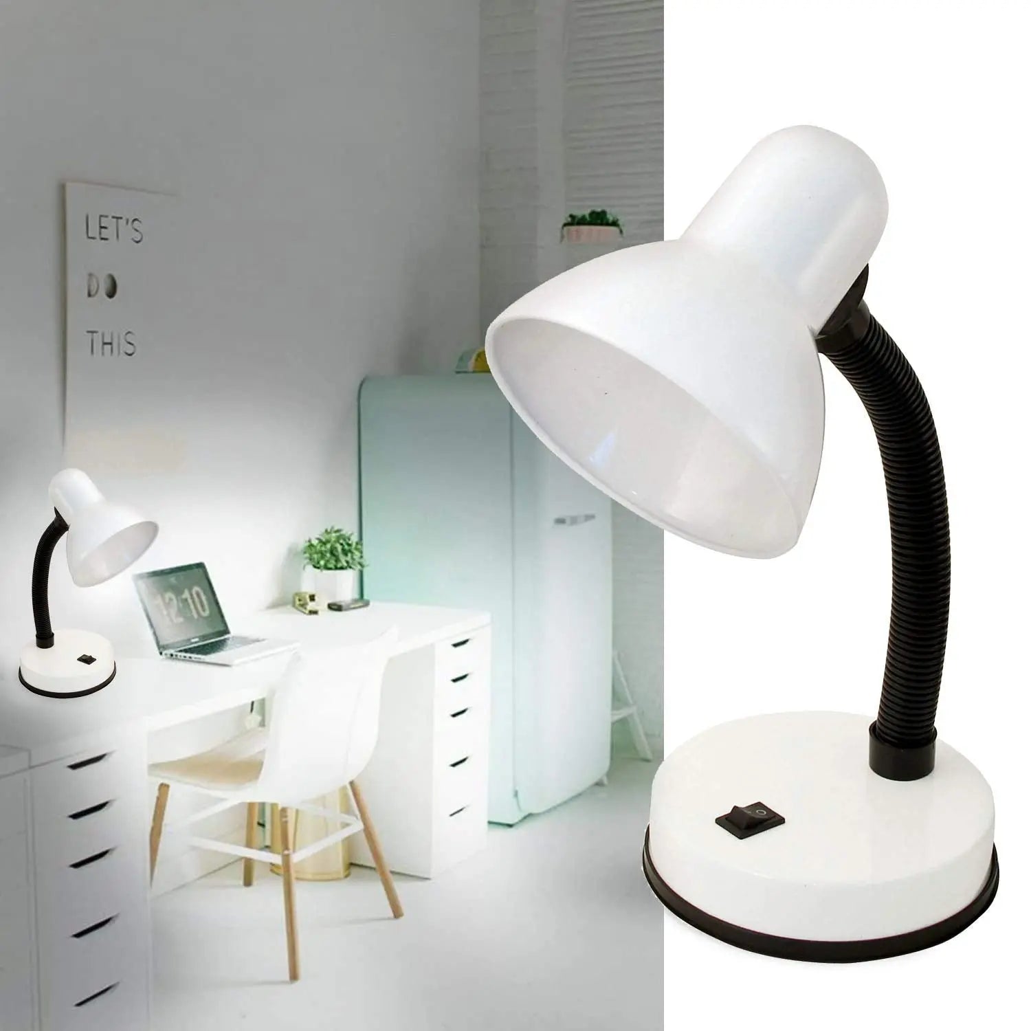 Lampe de bureau blanche avec col de cygne noir flexible et base ronde avec interrupteur pour chevet ou bureau à bas prix
