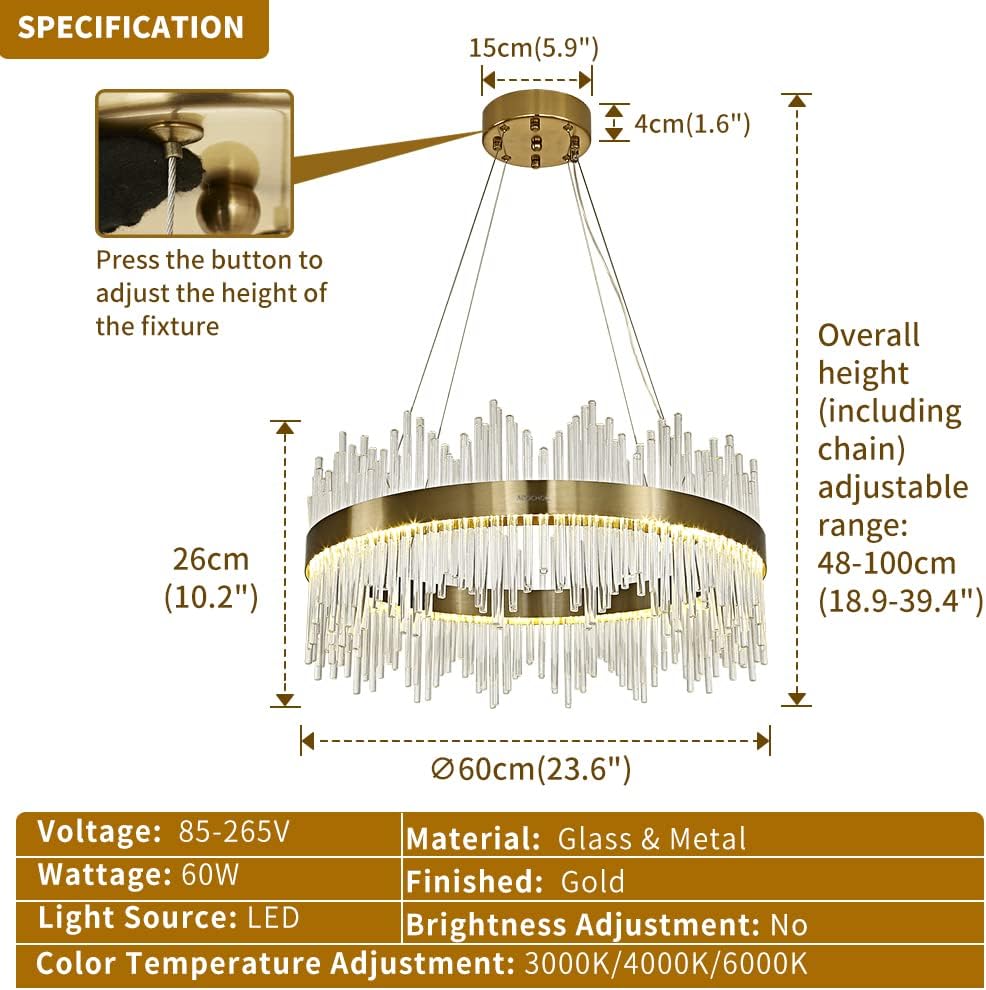 Chandelier en cristal d’or moderne pendentif Light, Dimmable lampe ronde en cristal de luxe, pour le salon, la salle à manger, la chambre, le Restaurant, Ø60 cm