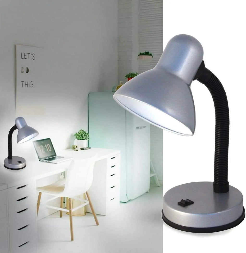 Lampe blanche ou noir de chevet ou de bureau avec lampe de bureau à col de cygne argenté flexible et base circulaire noire