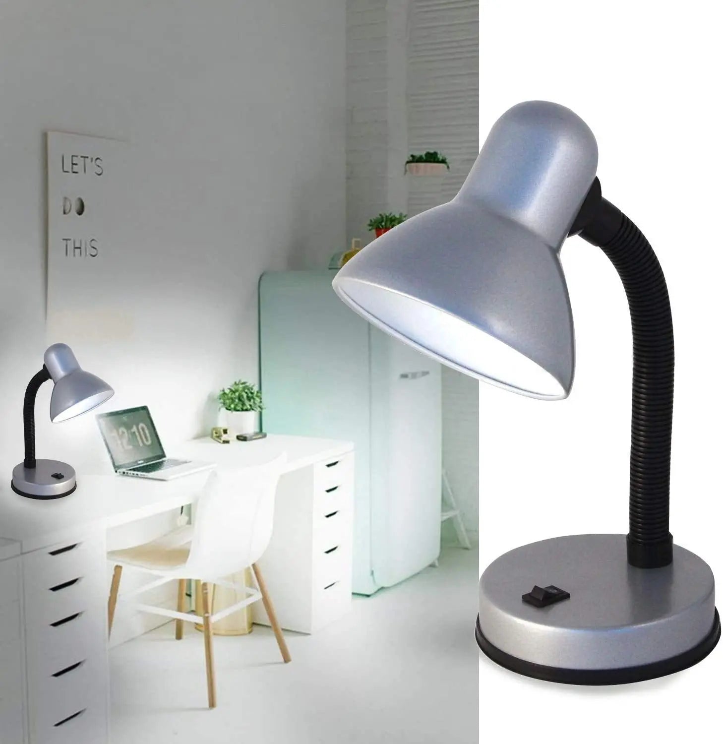 Lampe blanche ou noir de chevet ou de bureau avec lampe de bureau à col de cygne argenté flexible et base circulaire noire