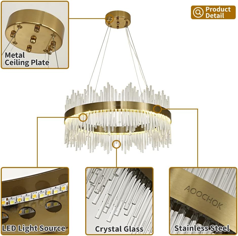 Chandelier en cristal d’or moderne pendentif Light, Dimmable lampe ronde en cristal de luxe, pour le salon, la salle à manger, la chambre, le Restaurant, Ø60 cm