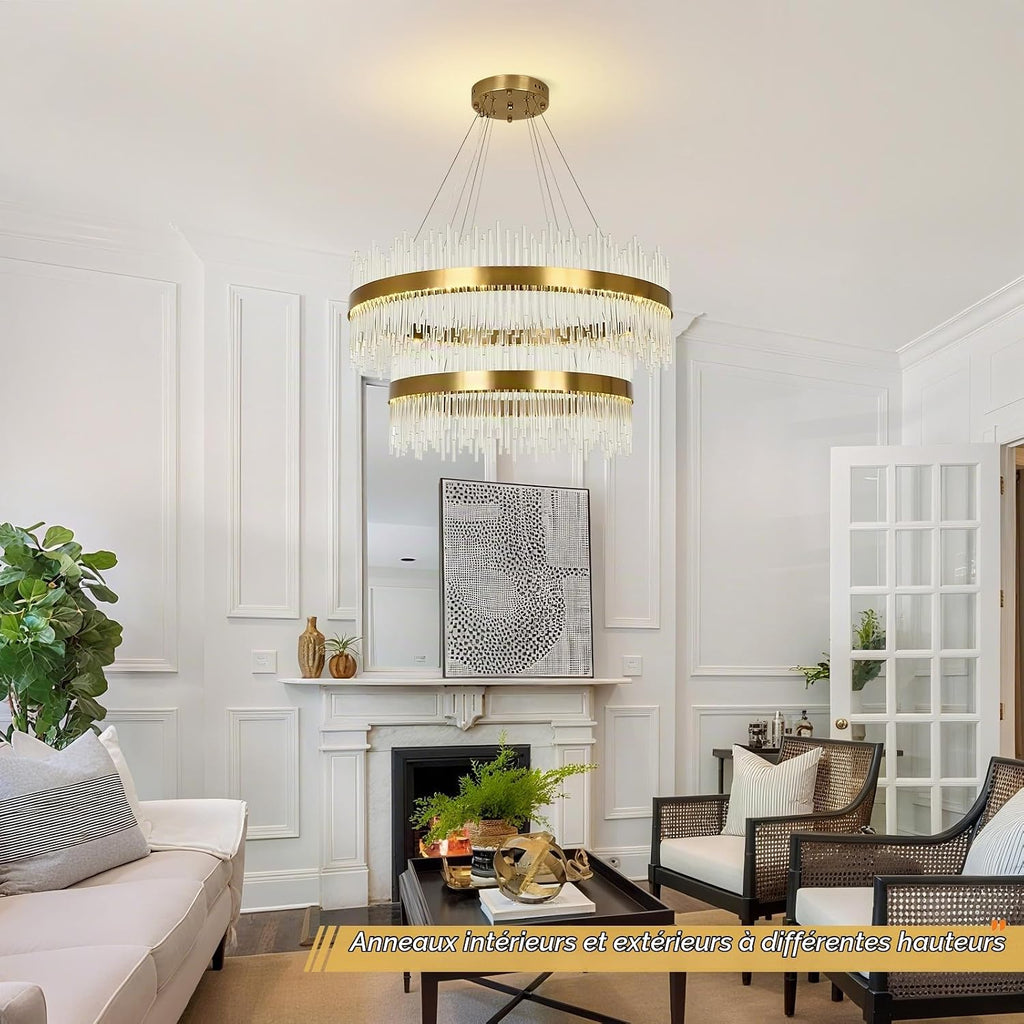 Chandelier en cristal d’or moderne pendentif Light, Dimmable lampe ronde en cristal de luxe, pour le salon, la salle à manger, la chambre, le Restaurant, Ø60 cm