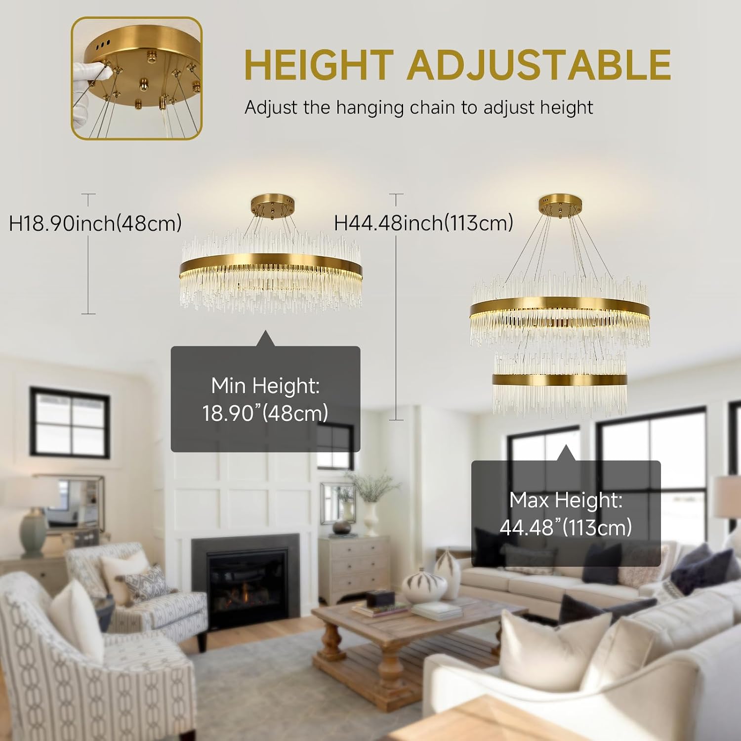 Chandelier en cristal d’or moderne pendentif Light, Dimmable lampe ronde en cristal de luxe, pour le salon, la salle à manger, la chambre, le Restaurant, Ø60 cm