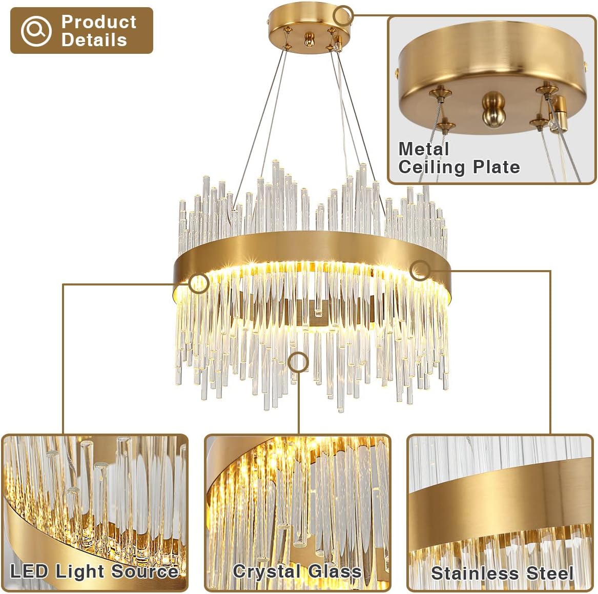 Chandelier en cristal d’or moderne pendentif Light, Dimmable lampe ronde en cristal de luxe, pour le salon, la salle à manger, la chambre, le Restaurant, Ø60 cm