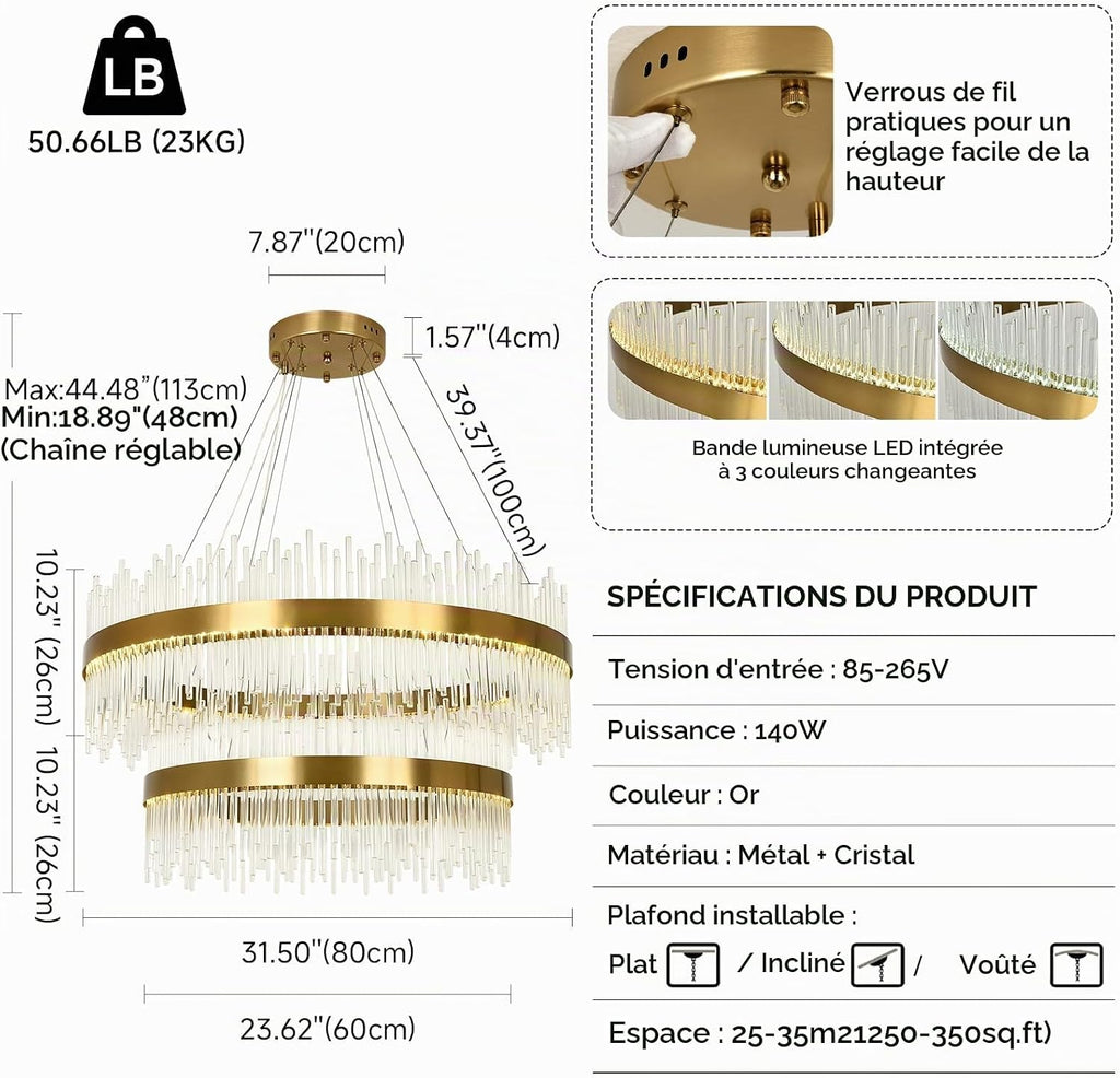 Chandelier en cristal d’or moderne pendentif Light, Dimmable lampe ronde en cristal de luxe, pour le salon, la salle à manger, la chambre, le Restaurant, Ø60 cm
