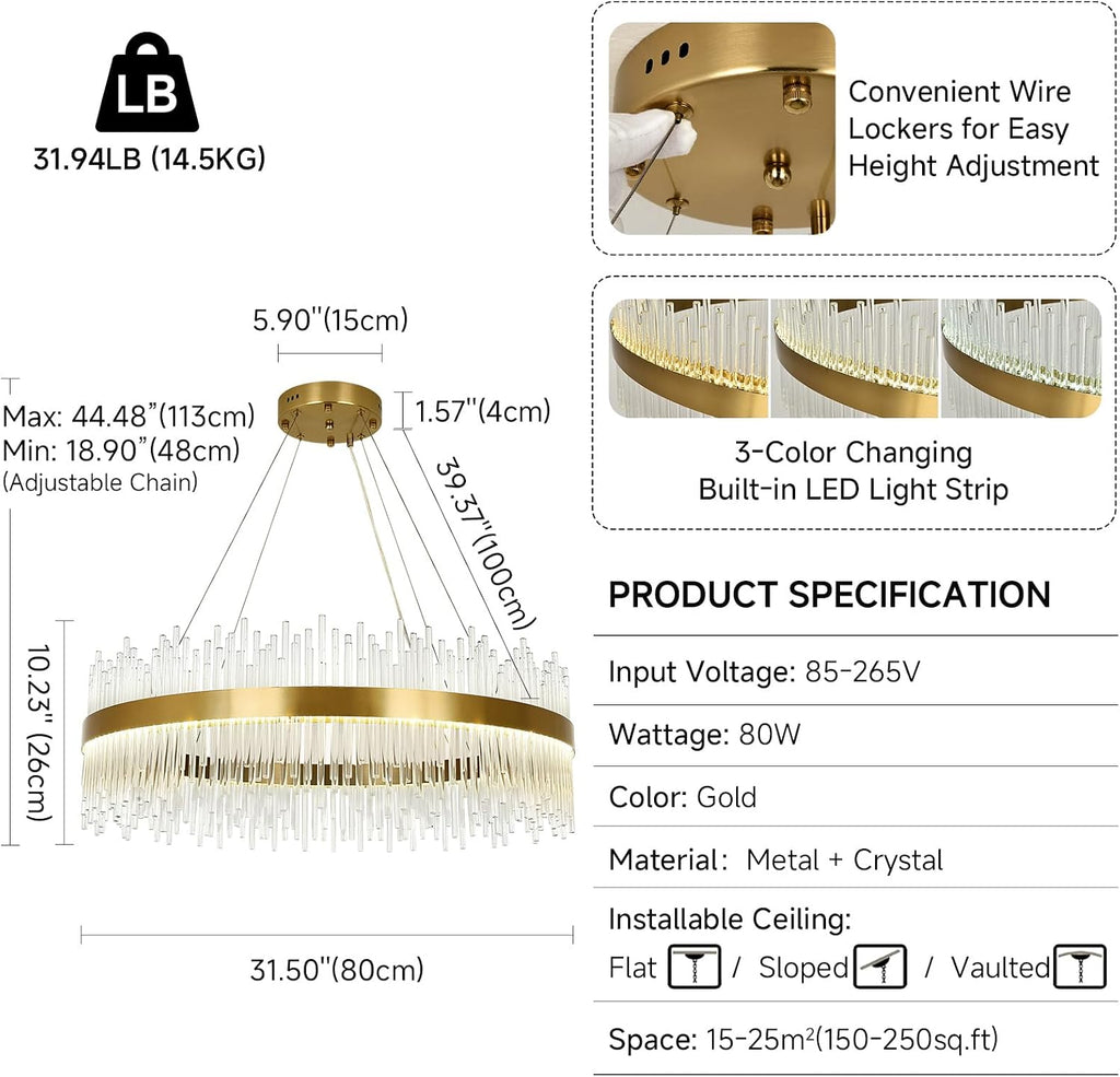 Chandelier en cristal d’or moderne pendentif Light, Dimmable lampe ronde en cristal de luxe, pour le salon, la salle à manger, la chambre, le Restaurant, Ø60 cm