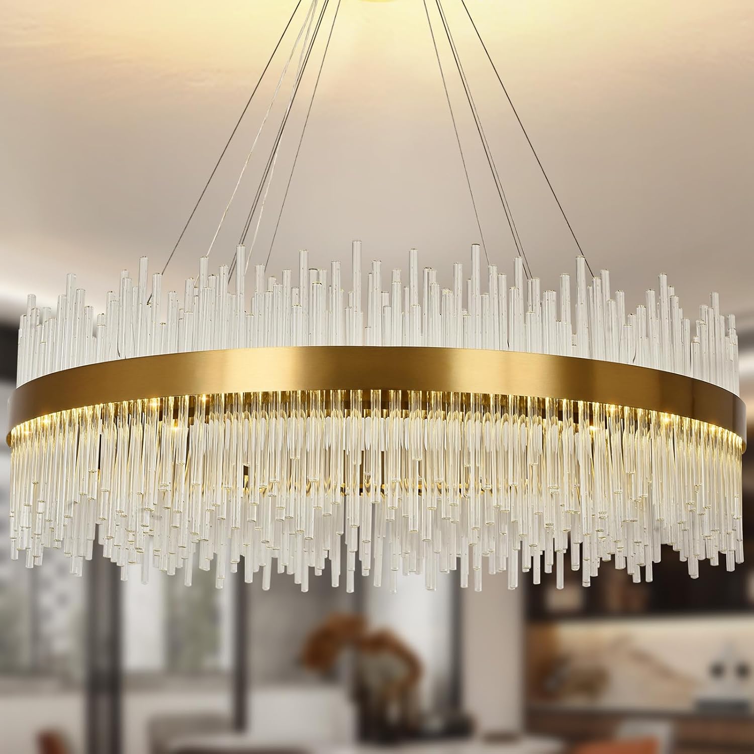 Chandelier en cristal d’or moderne pendentif Light, Dimmable lampe ronde en cristal de luxe, pour le salon, la salle à manger, la chambre, le Restaurant, Ø60 cm