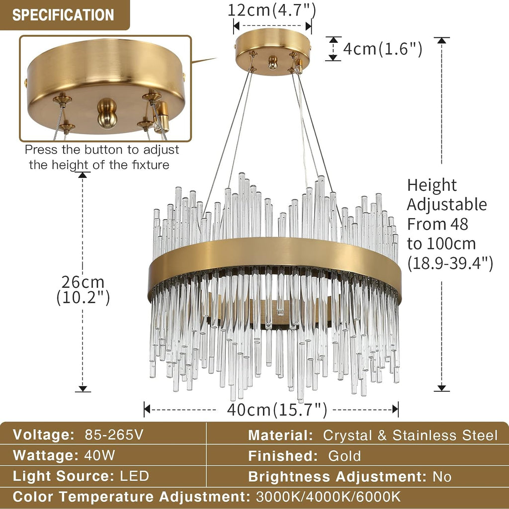Chandelier en cristal d’or moderne pendentif Light, Dimmable lampe ronde en cristal de luxe, pour le salon, la salle à manger, la chambre, le Restaurant, Ø60 cm