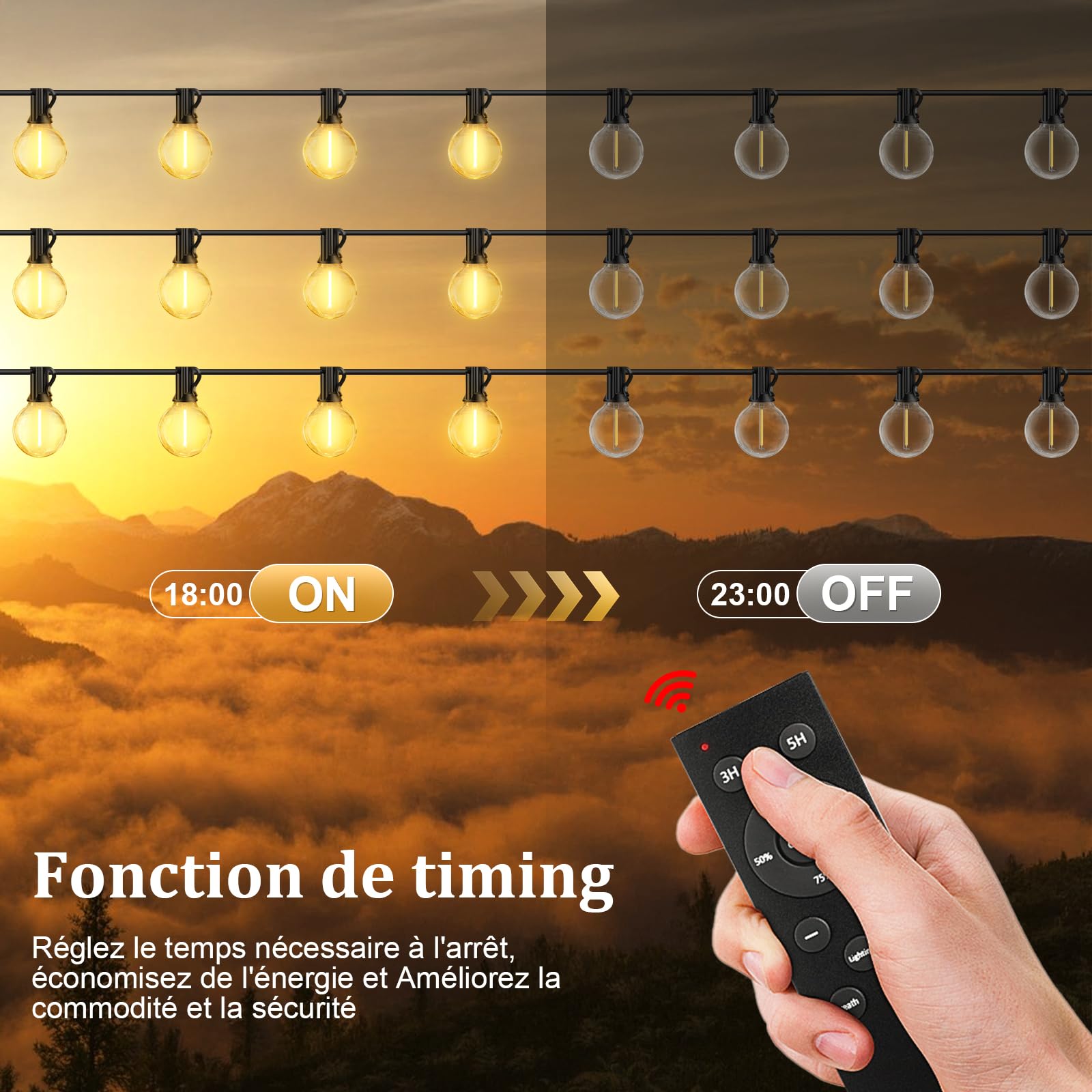 Télécommande noire avec boutons circulaires pour minuterie de guirlande lumineuse guinguette extérieur 20m