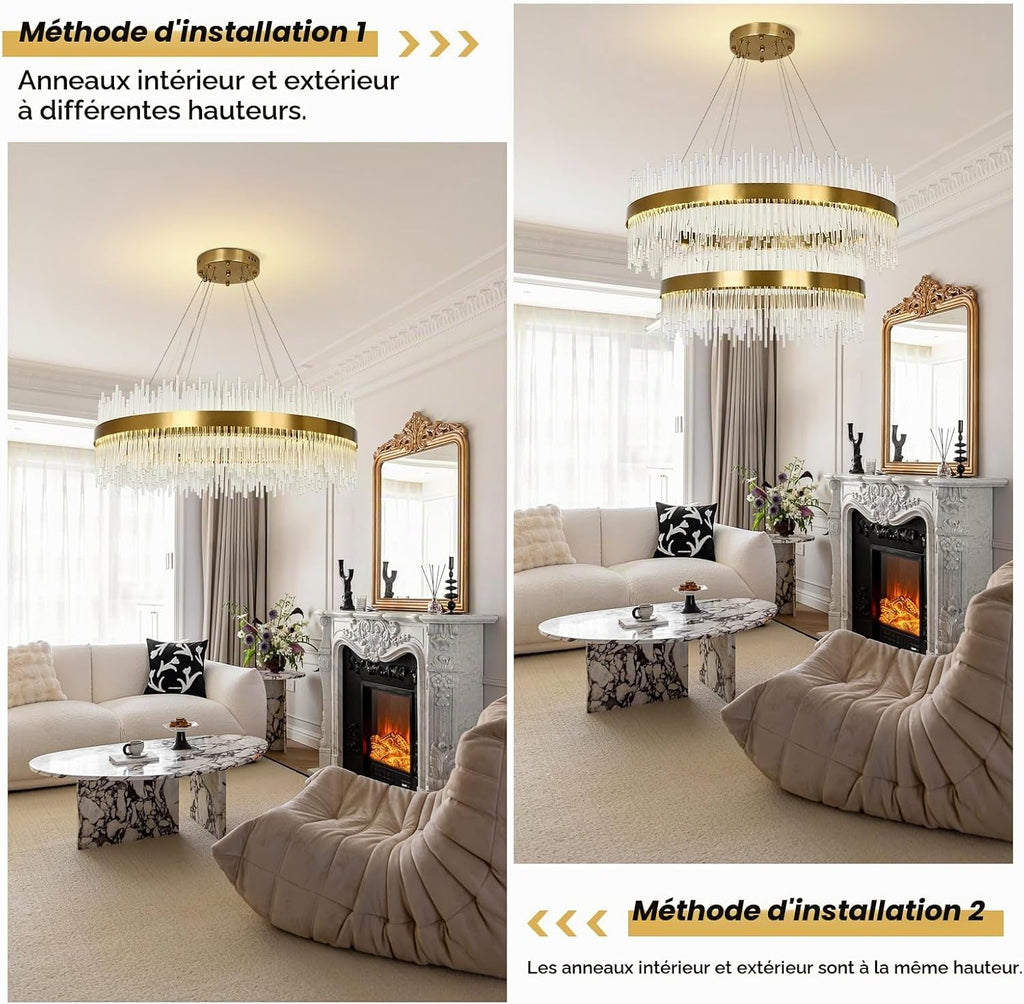 Chandelier en cristal d’or moderne pendentif Light, Dimmable lampe ronde en cristal de luxe, pour le salon, la salle à manger, la chambre, le Restaurant, Ø60 cm
