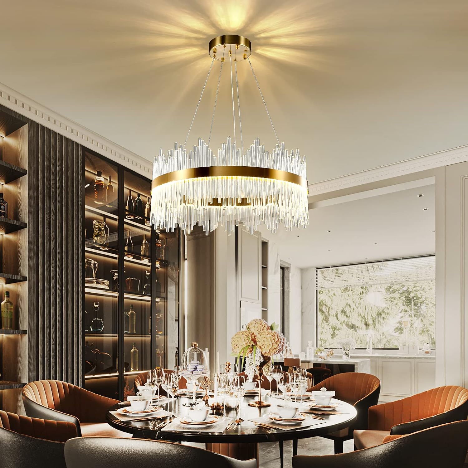Chandelier en cristal d’or moderne pendentif Light, Dimmable lampe ronde en cristal de luxe, pour le salon, la salle à manger, la chambre, le Restaurant, Ø60 cm
