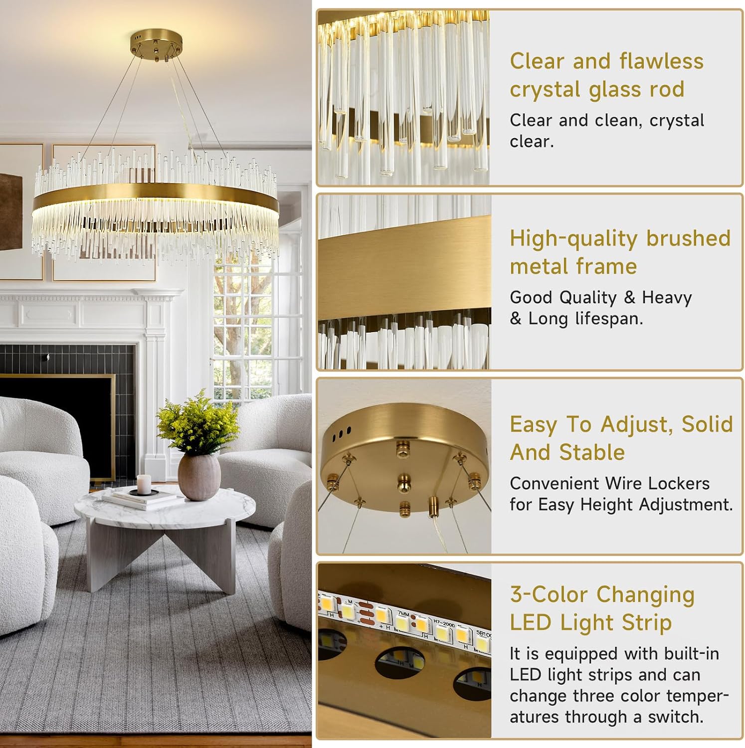 Chandelier en cristal d’or moderne pendentif Light, Dimmable lampe ronde en cristal de luxe, pour le salon, la salle à manger, la chambre, le Restaurant, Ø60 cm