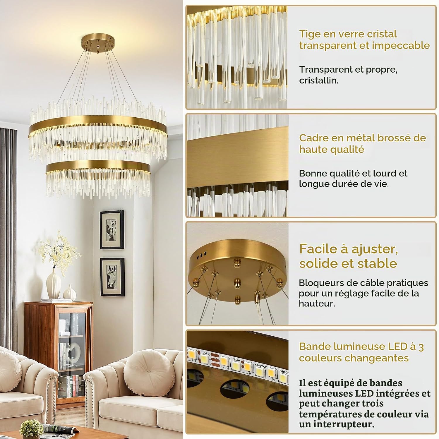 Chandelier en cristal d’or moderne pendentif Light, Dimmable lampe ronde en cristal de luxe, pour le salon, la salle à manger, la chambre, le Restaurant, Ø60 cm