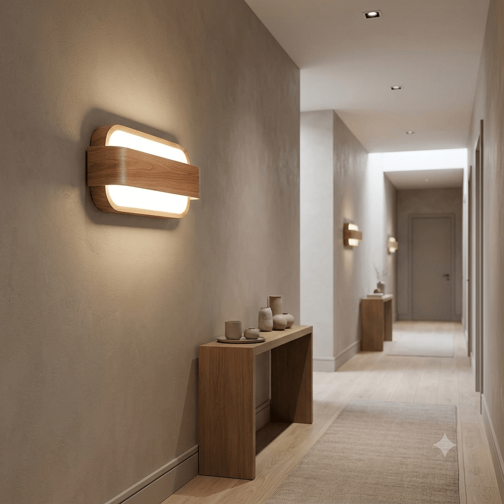 Applique murale LED bois et acrylique intégrée dans couloir contemporain tons neutres style scandinave
