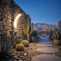 Applique murale extérieure LED blanche mate design courbe sur mur pierre avec éclairage jardin désertique