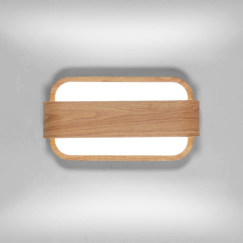 Applique murale LED asymétrique bande bois naturel centre surface lumineuse ovale sur fond gris neutre