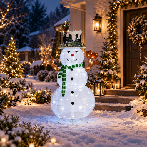 Bonhomme de neige lumineux décorant un extérieur pour les fêtes