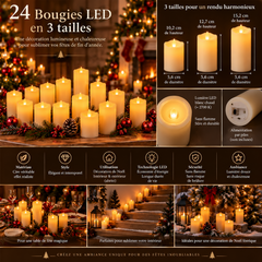 Bougies LED en trois tailles avec leurs dimensions détaillées