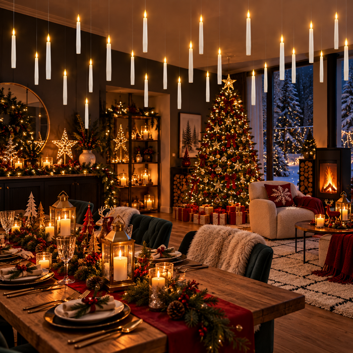 Bougies LED flottantes suspendues dans un intérieur décoré pour Noël