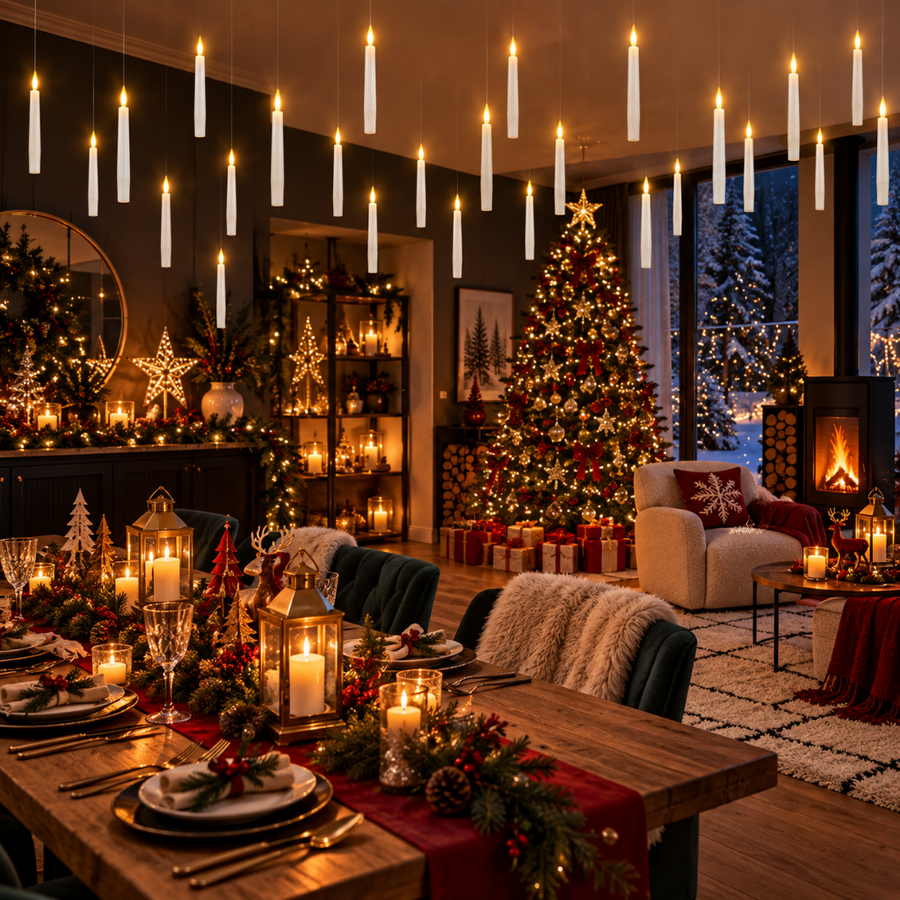 Bougies LED flottantes suspendues dans un intérieur décoré pour Noël