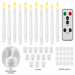Dix bougies LED flottantes et accessoires présentés sur fond blanc