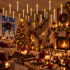 Dix bougies LED flottantes illuminent une décoration de Noël chaleureuse