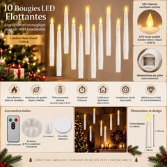 Bougies LED flottantes présentées avec leur télécommande et leurs accessoires