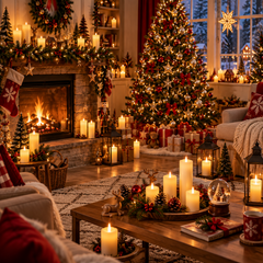 Bougies LED disposées dans une décoration de Noël avec cheminée