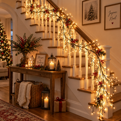 Branche lumineuse décorant un escalier avec une ambiance de Noël élégante et féerique