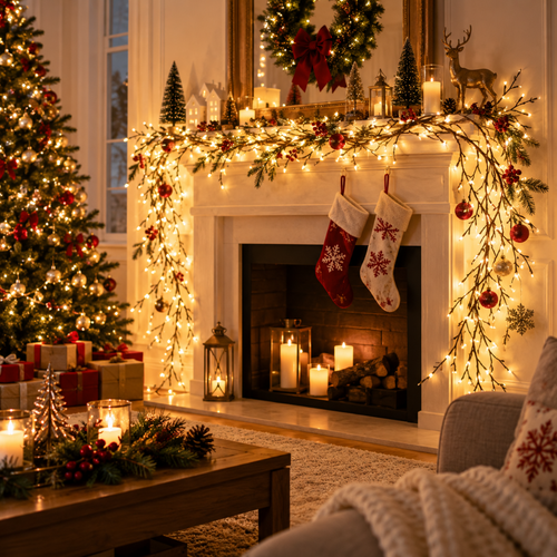 Branche lumineuse Willow Vine avec 144 LED dans une décoration de Noël chaleureuse