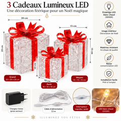 Cadeaux lumineux LED de Noël : dimensions, chargeur, câble et caractéristiques techniques.