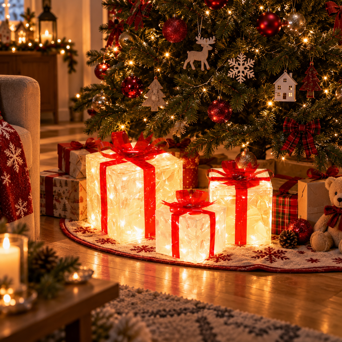 Trois cadeaux lumineux LED décorent élégamment le pied du sapin de Noël.
