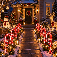 Des cannes à sucre rouges illuminent un jardin richement décoré pour les fêtes de Noël.