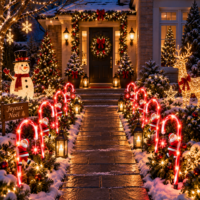 Des cannes à sucre rouges illuminent un jardin richement décoré pour les fêtes de Noël.