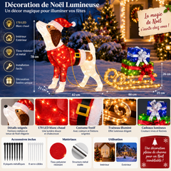 Le chien lumineux habillé pour Noël apporte une touche chaleureuse et festive à cette décoration extérieure.