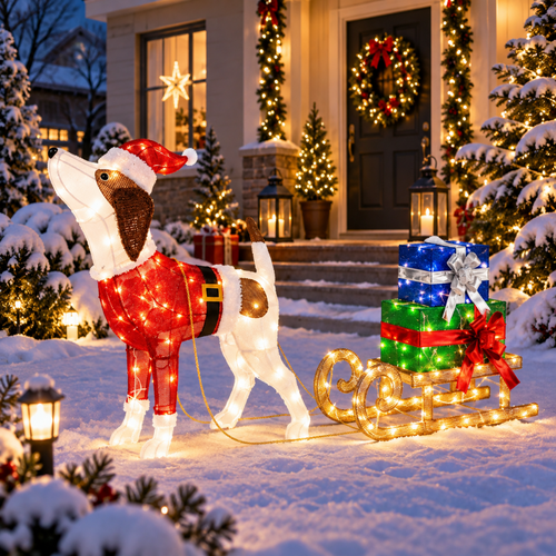 Le chien lumineux en costume de Père Noël tire un traîneau illuminé chargé de plusieurs cadeaux colorés.
