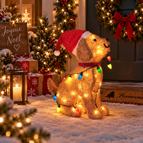 Chiot lumineux de Noël décorant une entrée de maison illuminée