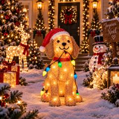 Chiot de Noël lumineux au cœur d’une décoration extérieure festive
