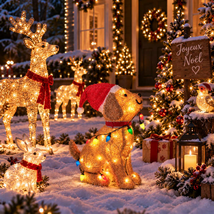 Chiot de Noël lumineux entouré de rennes et décorations festives