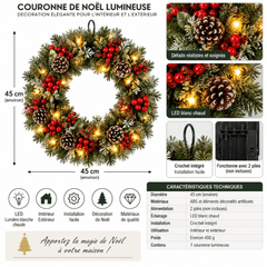 Couronne de Noël LED 45cm avec crochet intégré et compartiment piles, branches vertes artificielles, baies rouges et cônes poudrés