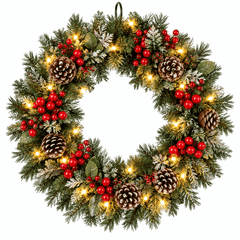 Gros plan couronne de Noël LED, texture aiguilles sapin vert foncé, baies synthétiques rouges brillantes et cônes effet givré blanc