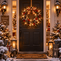 Couronne de Noël lumineuse suspendue porte d'entrée, nœud beige et rouge, LEDs dorées, décorée cônes et baies rouges ambiance hivernale