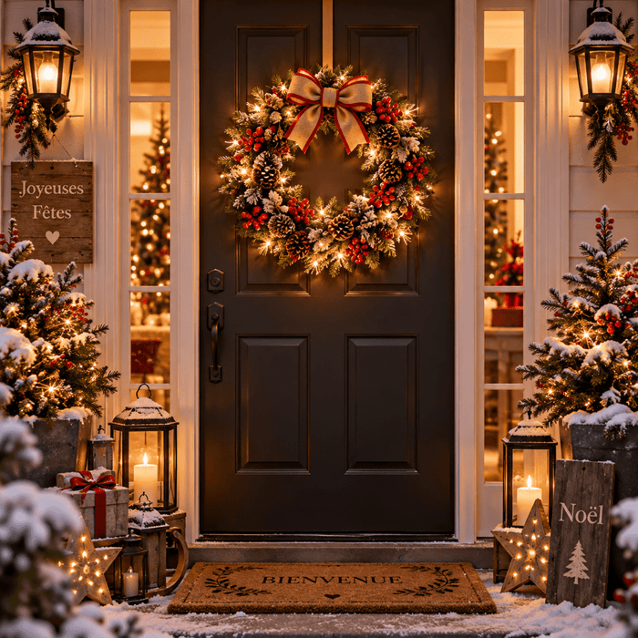 Couronne de Noël lumineuse suspendue porte d'entrée, nœud beige et rouge, LEDs dorées, décorée cônes et baies rouges ambiance hivernale
