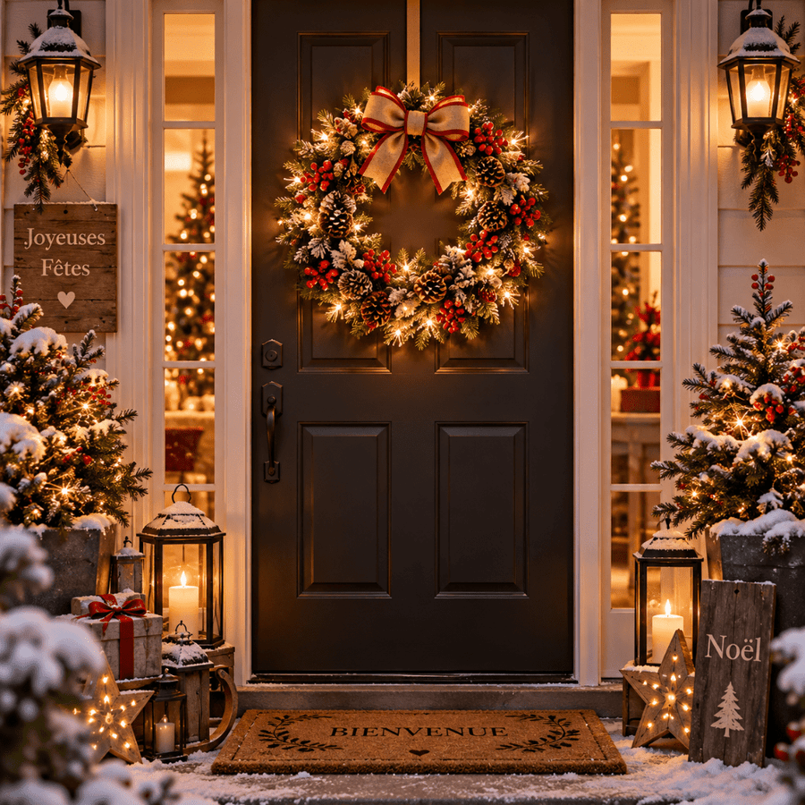 Couronne de Noël lumineuse suspendue porte d'entrée, nœud beige et rouge, LEDs dorées, décorée cônes et baies rouges ambiance hivernale