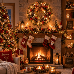 Couronne de Noël luminescente au-dessus cheminée pierre, nœud beige et rouge, décoration intérieure festive bas de Noël et bougies