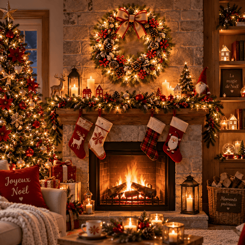 Couronne de Noël luminescente au-dessus cheminée pierre, nœud beige et rouge, décoration intérieure festive bas de Noël et bougies