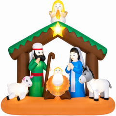 Crèche de Noël gonflable lumineuse présentée sur fond blanc